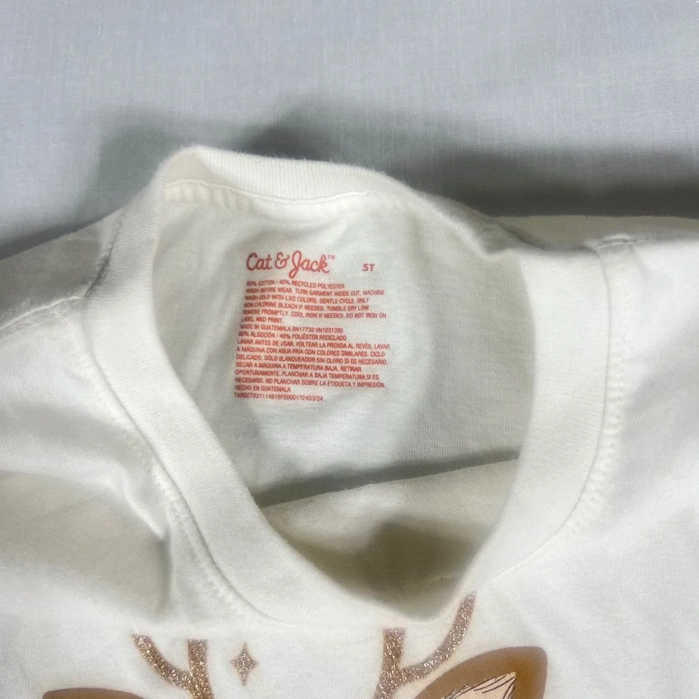 Cat & Jack Girls White Long Sleeve Deer Graphic Tee Shirt Size 5T Glitter Antler